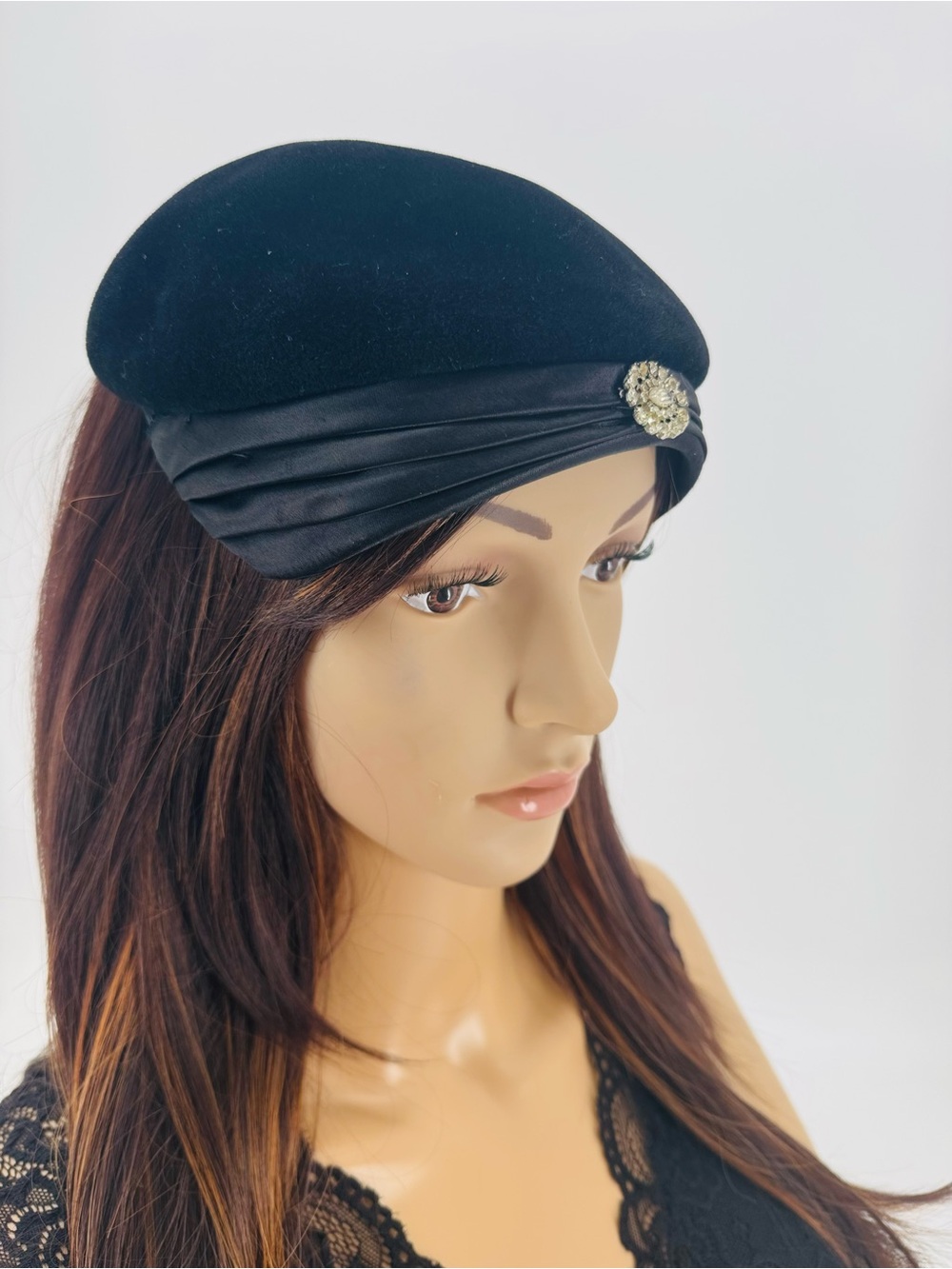 Vintage 50s Mid Century Art Deco Velour Satin Rhinestone Evening Juliet Cap Hat